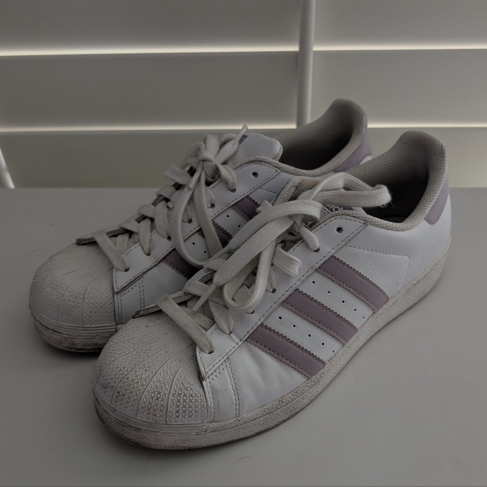 Adidas White and Purple Superstar Sneakers